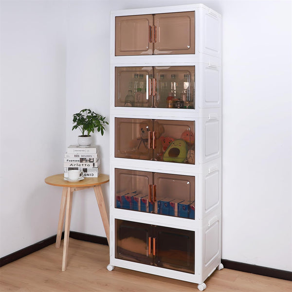 5-Tier Collapsible Plastic Storage Bins with Magnetic Doors & Wheels - Stackable High Quality Organizer, Transparent Tawny, Large Capacity (55.12x33.02x153.92cm) for Bedroom, Living Room, Kitchen, Entryway - Easy Tool-Free Assembly, Modern Aesthetic, Smoo