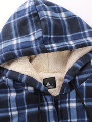 Men's Heavyweight -Lined Hooded Jacket - Full-Zip Plaid Thickened Shirt with Pockets and Adjustable Drawstring, Comfortable and Warm for Autumn and Winter