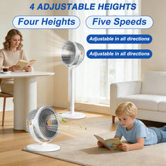 5-in-1 Floor Standing Circulating Fan, 5 Speeds Quiet Adjustable Height Fan (29.5-88cm), 360° Up & Down Tilt, Silent Stable Air Circulator Fan for Bedroom, Living Room, Office, Dorm, Portable Cooling Fan for Home, Office, Travel, Ideal for Hot Flashes, Sl