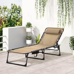Portable Sun Lounger, Folding Camping Bed with Side Pocket and Pillow for Patio