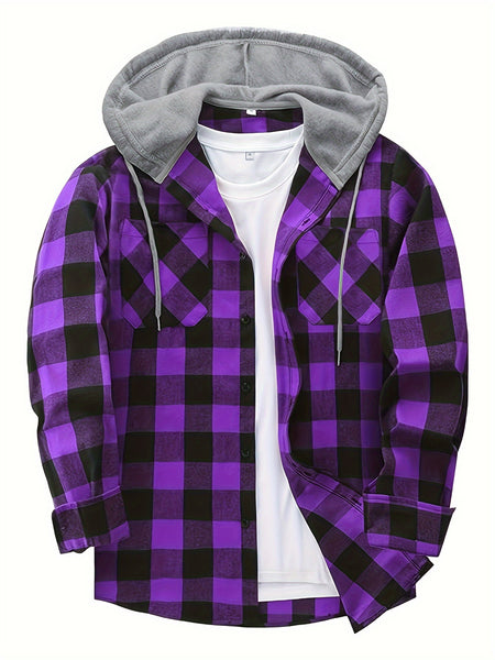 3pcs Men's New York Fashion Trendy Plaid Shirt Hooded Plaid Sweatshirt Flannel Hoodie