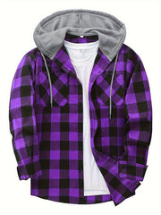 3pcs Men's New York Fashion Trendy Plaid Shirt Hooded Plaid Sweatshirt Flannel Hoodie