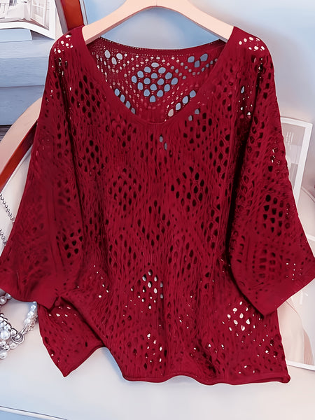 Plus Size - Plus Size - Plus Size Women'S Cashew Flower Loose Temperament Hollow Round Neck Pullover Long Sleeve Sweater