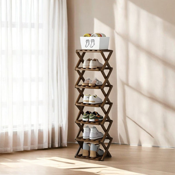 4/5/6/7 Tiers Bamboo Wooden Shoe Rack, Vertical Shoe Racks Storage Shelves Tall Shoe Tower, Collapsible Narrow Shoe Stand, Installation Free Folding X-Shape Shoe Racks Sneakers Slippers Holder Organizer, Multi Functional Shoe Rack Durable Footwear Cabinet
