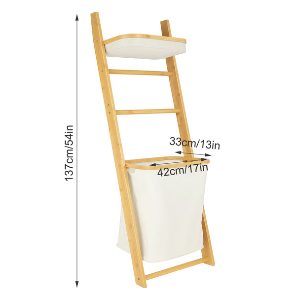 Japanese-Style Bathroom Ladder Shelf with Oxford Fabric Storage, Freestanding Wooden Towel Rack Organizer for Bathroom Accessories