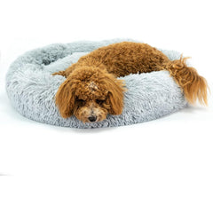 40/50/60/70cm Round Plush Donut Dog/Cat Bed Cuddler Pet Cushion Self-Warming Bed Washable Dog Bed with Non-Slip and Waterproof Bottom Calming Dog Bed