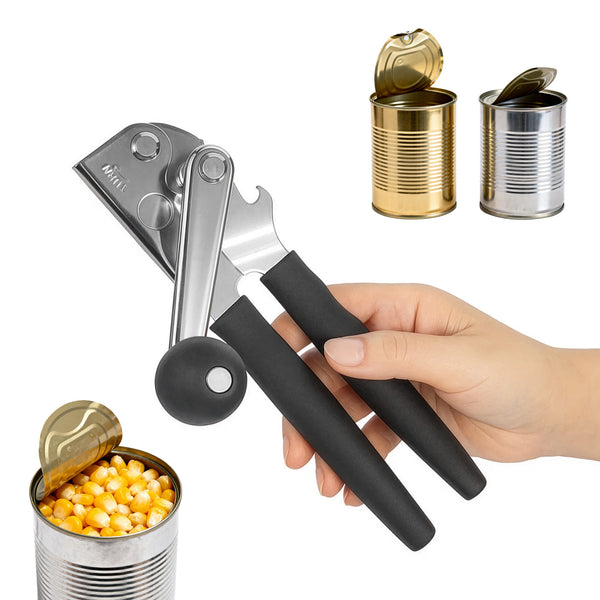 Multi-functional manual can opener stainless steel can and bottle opener in one non-slip labor-saving handle safe and without sharp edges suitable for kitchen tools for cans and bottle caps.