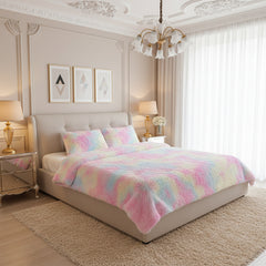 Plush Tie Dye Bedding 3pcs - Faux Fur Tie Dye Duvet Cover, Nordic Colorful Design & Zipper Closure, Plush Warm Bedding Set for Autumn and Winter, Suitable for Bedroom, Valentine's Day Easter Home Gift (Pillowcase Included, Duvet Insert Not Included)