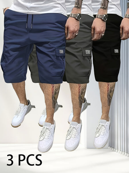 3pcs Men'S Casual Loose Cargo Shorts - Featuring Large Pockets And Letter Prints, Machine Washable Non-Stretch Fabric, Durable Design, Outdoor Style, Street Fashion, a Summer Wardrobe Essential