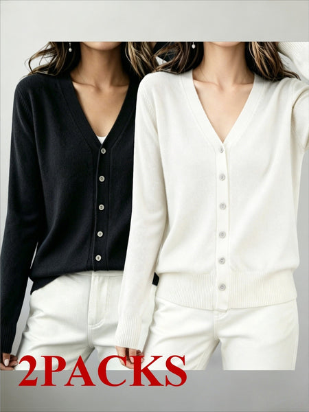 2pcs (2-Pack) Women's Soft Cardigan Sweater - V-Neck Button Button-Front Closure, -Line Regular Fit Button Collar Sweaters Suitable for Daily Wear, Spring/Summer Blouses for Office, Casual & Layering