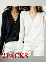 2pcs (2-Pack) Women's Soft Cardigan Sweater - V-Neck Button Button-Front Closure, -Line Regular Fit Button Collar Sweaters Suitable for Daily Wear, Spring/Summer Blouses for Office, Casual & Layering