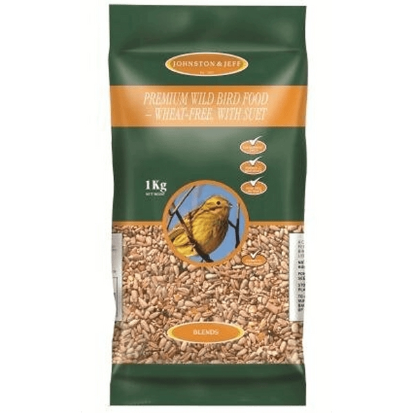 J & J Premium Wild Bird Food Wheat Free with Suet 1kg High Energy Garden Bird Feed Mix for Outdoor Feeders & Bird Tables