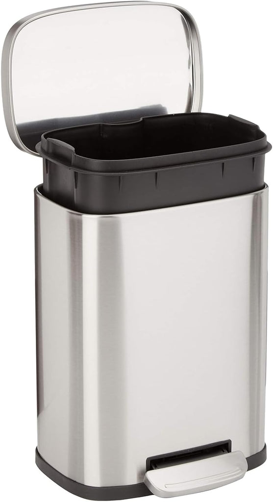 Amazon Basics Rectangular Kitchen Bin with Steel Bar Pedal, Soft-Closing Mechanism for Home and Office Use, 50 L/13.2 Gallon, Satin Nickel Finish