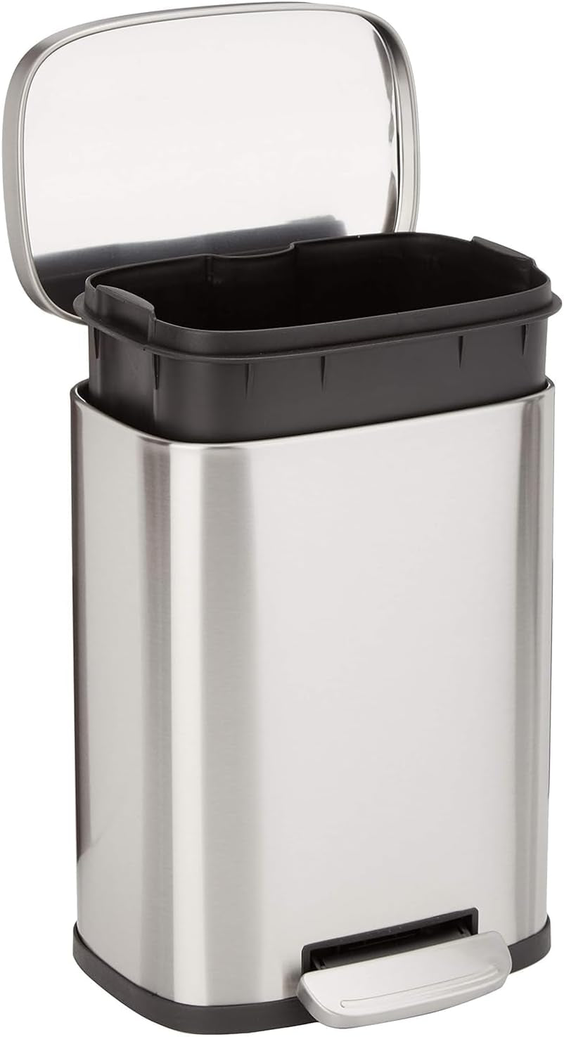 Amazon Basics Rectangular Kitchen Bin with Steel Bar Pedal, Soft-Closing Mechanism for Home and Office Use, 50 L/13.2 Gallon, Satin Nickel Finish