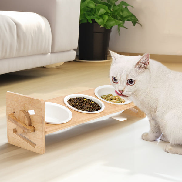 Pets Dog/Cat Bowls with Stand, 1/2/3 Bowls Adjustable Height Elevated Feeder Bowls for Cats and Small Dogs, Wooden Raised Feeding Bowls with Stand