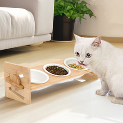 Pets Dog/Cat Bowls with Stand, 1/2/3 Bowls Adjustable Height Elevated Feeder Bowls for Cats and Small Dogs, Wooden Raised Feeding Bowls with Stand