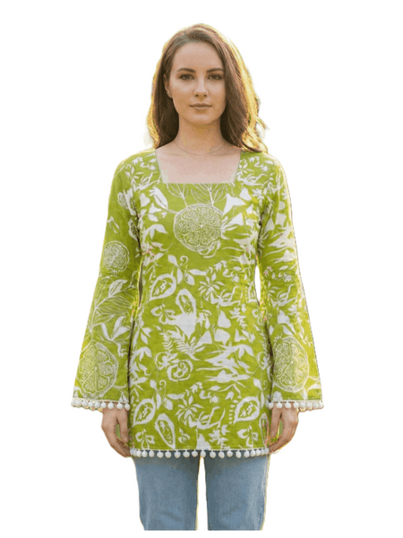 Estationeryhouse Cotton Printed Kurta Top, Long Sleeves, with White Tassels and Drawstring for Adjusting at Back