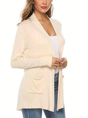 Women Simple Style Cardigan, Solid Color Long Sleeve Knitwear with Pockets, S/ M/ L/ XL/ XXL