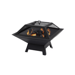 Square Fire Pit with BBQ Grill Heater Outdoor Garden Black Barbeque Metal Brazier Patio Decor Firepit Stove Portable Heat Mesh Cover for Camping or Picnics