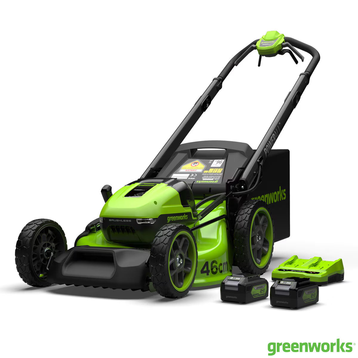 Greenworks 48V 46Cm Self-Propelled Cordless Lawn Mower + 2 X 24V (4Ah) Batteries + Dual Charger
