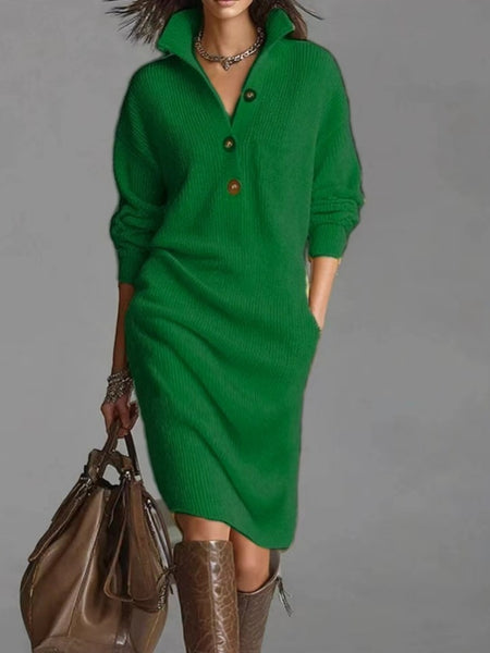 Solid Color Button- Collar Loose-Fit Dress - Straight Tube Mid-Length Dress Suitable for Office, Semi-Formal & Casual Attire - Machine Washable Dress