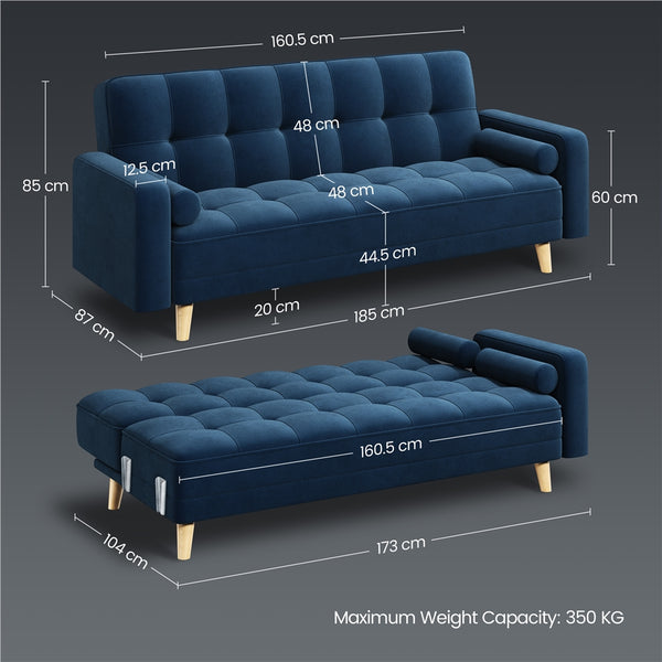 Costoffs Convertible Sofa Bed, Sofa Bed Velvet Convertible Sofa Bed 3 Seater Futon Sofa Bed with 2 Bolster Pillows and 3 Adjustable Back Angles for Apartments, Dens, Guest Rooms, Spare Rooms, Offices, and Lounges, Modern Grey/Blue/Green