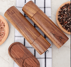 Wooden Salt And Pepper Grinder Set, Acacia Wood Pepper Mill With Wooden Tray, Cleaning Brush, Spoon, 20.32 Cm, Dinner Table Accessories, Chrismas Gifts, Halloween Gifts