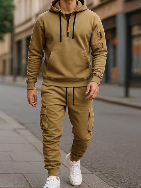 Fashion Street Style Set, Casual Versatile Jacquard Hooded Sweatshirt And Long Pants 2pcs Outfit, Men'S Clothing