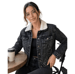 Women'S Black Denim Jacket with Sherpa Collar, Fleece Lined Jean Trucker Jacket, Warm Button Up Long Sleeve Winter Coat, Casual Vintage Denim Outerwear with Pockets