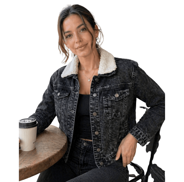 Women'S Black Denim Jacket with Sherpa Collar, Fleece Lined Jean Trucker Jacket, Warm Button Up Long Sleeve Winter Coat, Casual Vintage Denim Outerwear with Pockets
