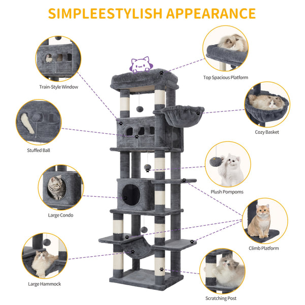 Cat Tree for Indoor Cats, 170cm Large Tall Cat Tower, Multi-Level Cats House with Condo, 8 Scratching Posts, Hammock, 4 Pom Poms