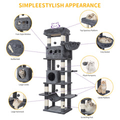 Cat Tree for Indoor Cats, 170cm Large Tall Cat Tower, Multi-Level Cats House with Condo, 8 Scratching Posts, Hammock, 4 Pom Poms