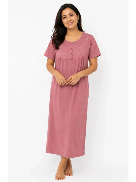Women'S Nightdress Soft Comfortable Short Sleeve Nightie Button Front Embroidered Sleep Dress Loose Fit Midi Lounge Nightwear House Dress S-XXL