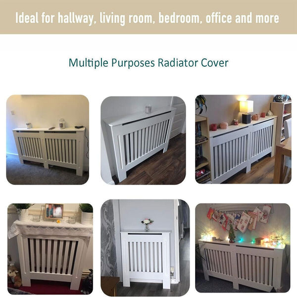 Radiator Cover Cabinet Large Small Wooden Radiator Cover, White Wood Painted MDF Cabinet Heater Cover Cabinet, Slats, Grill, Wood Top Shelf Easy Assembly for Living Room, Hallway, Bedroom Decoration