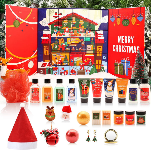 Advent Calendar 2025 Christmas for Women, 24Pcs Bath Sets for Women Gift Christmas Spa Gift Set with Christmas Tree Bracelet, Bubble Bath, Xmas Decorations Etc, Xmas Gift Idea for Mum, Daughter