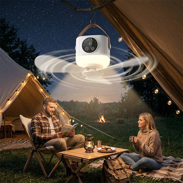Hanging Camping Fan With Remote And Led Lamp. Rechargeable Tent Ceiling Fan. Delivers Powerful Soft Airflow With Foldable Blade Design. Supports 1‑2‑6‑8 Hour Timer Function For All‑Night Use. Adopts Type‑C Fast Charging With Long Battery Runtime. Adds Aro