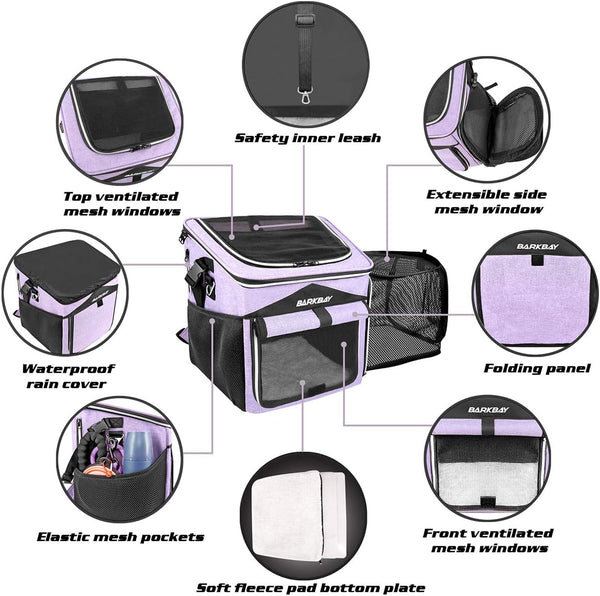 BARKBAY Dog Bike Basket Carrier, Expandable Foldable Soft-Sided Dog Carrier, 2 Open Doors, 5 Reflective Tapes, Pet Travel Bag, Safe and Easy for Small Medium Cats and Dogs (Purple)