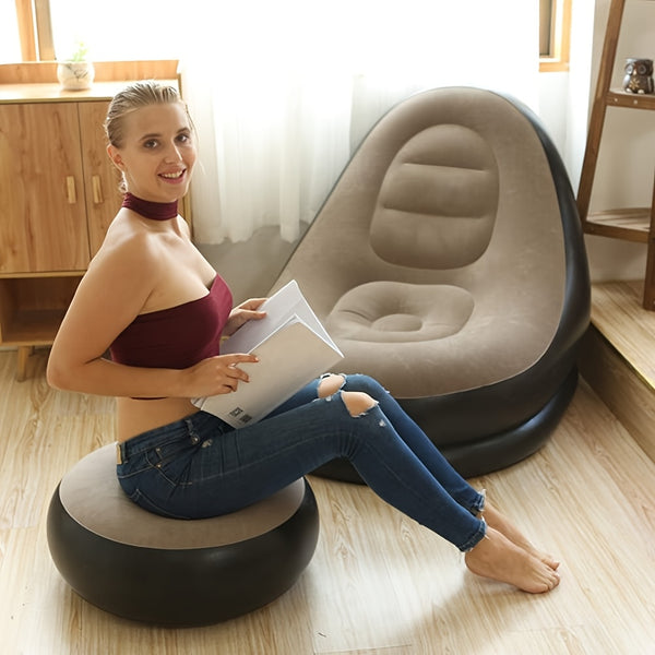 59-Inch Inflatable Lounge Chair Designed for Adults, a Portable Lazy Sofa Complete with a Footstool. This Flocked Recliner Is Perfect for Both Indoor And Outdoor Use
