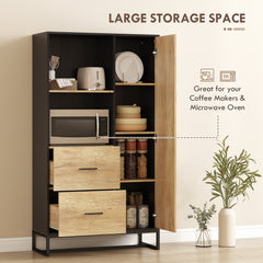 160cm Tall Kitchen Cupboard, Kitchen Pantry Sideboard with 2 Open Shelves, 2 Drawers, Adjustable Shelves and Soft Close Door, Storage Cabinet for Living Room, Dinning Room, Natural Wood Finish