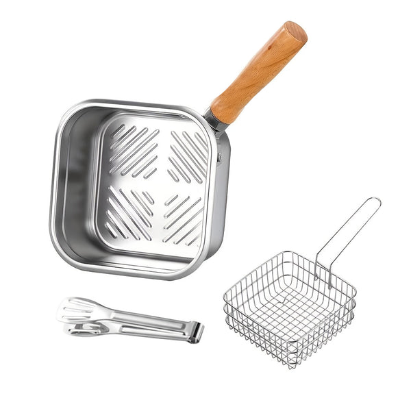 Square Pot Set for Deep Frying Made of Stainless Steel, Includes a Frying Pan, Basket, And Tongs