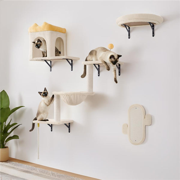 Costoffs Cat Tree Wall-Mounted Cat Furniture, Cat Wall Shelves & Perches, Climbing Shelves, Indoor Cat Tower, Wall-Mounted Cat Climbing Tree Set with Condos, Baskets & Scratching Posts, Space-Saving Cat Wall Furniture for Indoor Cats, Beige/Dark Gray