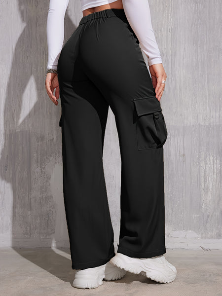 Flap Pocket Solid Color Cargo Pants, Y2K Slant Pocket Button Front Every Day Pants, Women's Clothing