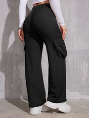 Flap Pocket Solid Color Cargo Pants, Y2K Slant Pocket Button Front Every Day Pants, Women's Clothing