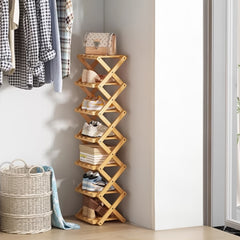 4/5/6/7 Tiers Bamboo Wooden Shoe Rack, Vertical Shoe Racks Storage Shelves Tall Shoe Tower, Collapsible Narrow Shoe Stand, Installation Free Folding X-Shape Shoe Racks Sneakers Slippers Holder Organizer, Multi Functional Shoe Rack Durable Footwear Cabinet