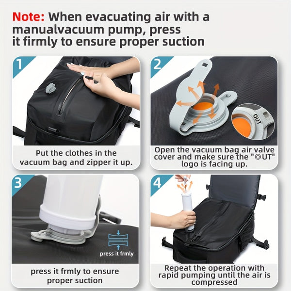 Travel Luggage Vacuum Compression Travel Backpack with Vacuum Pump Combo Set. This vacuum-sealed double-shoulder bag is ideal as luggage for men and women on short business trips, a schoolbag for students, and the top choice for travel outings