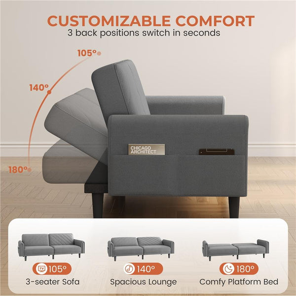 Costoffs Contemporary Sofa Bed Convertible Sofa Futon Couch Fabric 3-Seater Sofa Bed for Small Space/Apartments/Guest Rooms/Studios, Beige/Dark Gray
