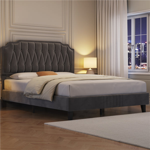 Costoffs Double/King Bed Frame Upholstered Platform Bed with Adjustable Button Tufted Headboard/Velvet Fabric/Mattress Foundation/Sturdy Wooden Slat Support, No Box Spring Needed, Black/Beige/Dark Grey/Light Grey