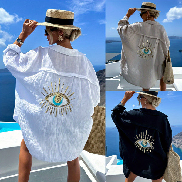 2025 Spring and Summer New Ladies Casual V-neck Pocket Splicing Sequins Loose Long-sleeved Women's Shirt, Lapel Cardigan Design.