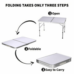 Folding Picnic Table Aluminum Camping Table Lightweight 3 Gear Adjustable Height Portable Folding Table with Carry Handle Adjustable Garden Outdoor Picnic Table Kitchen Work Top Table, White, 120x60x70/62/55cm