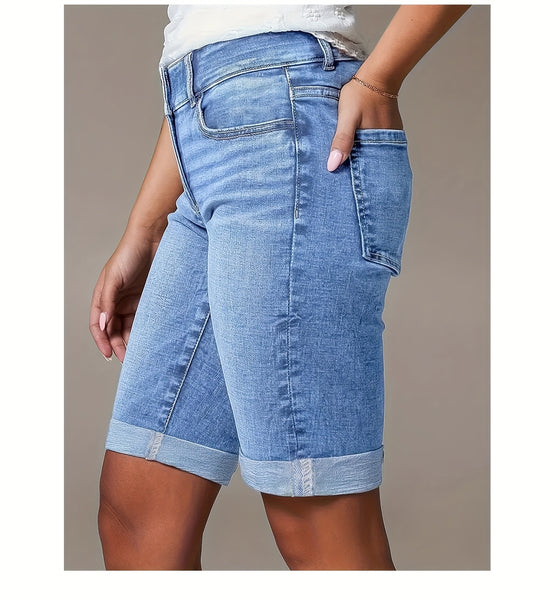 Women'S 2026 Summer New Stretchy High-Waisted Tummy Control Denim Shorts, Light Blue Washed with Pockets Slim-Fit Cuffed Casual Shorts, Comfortable Spring/Summer Ladies' Jeans Pants for Travel And Work - Boyfriend-Style Shorts